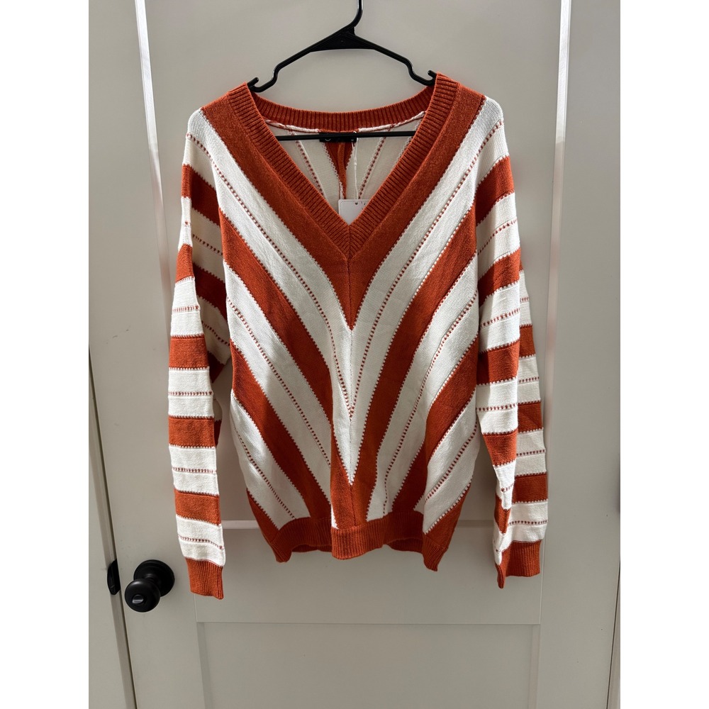 PrettyGarden Women's V Neck Chevron Stripe Sweater Orange and White M